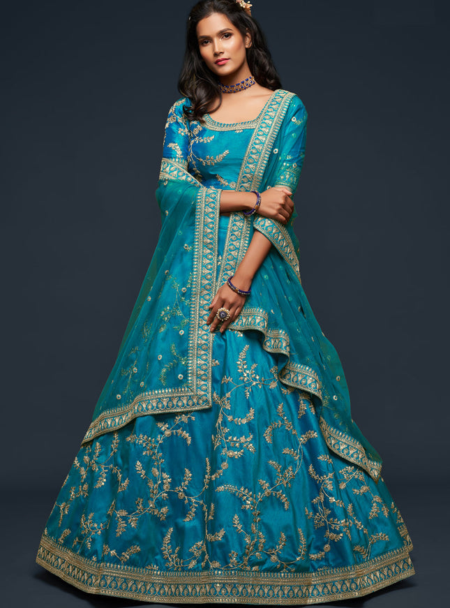 Pretty Teal Blue Art Silk Wedding Lehenga Choli