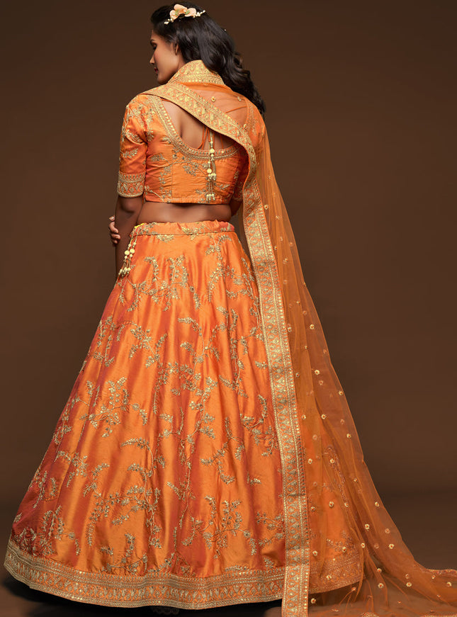 Captivating Orange Art Silk Wedding Lehenga Choli