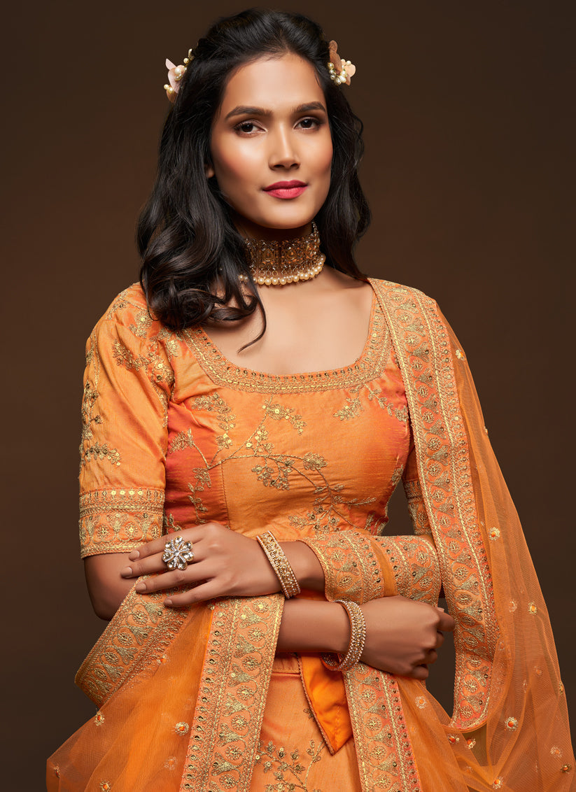 Captivating Orange Art Silk Wedding Lehenga Choli
