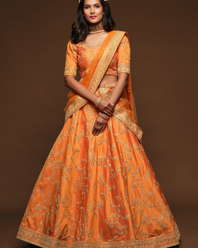Captivating Orange Art Silk Wedding Lehenga Choli