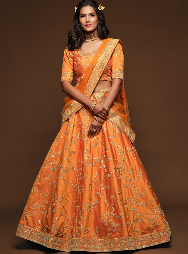 Captivating Orange Art Silk Wedding Lehenga Choli