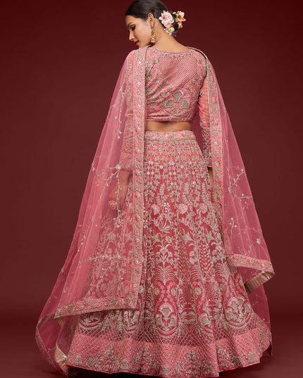 Impeccable Rose Pink Net Embroidered Designer Lehenga Choli
