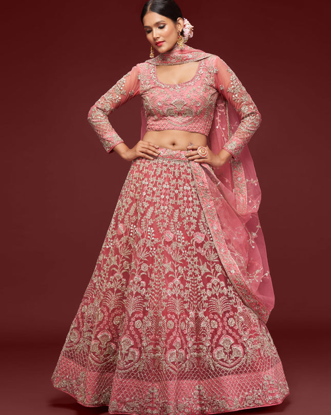 Impeccable Rose Pink Net Embroidered Designer Lehenga Choli