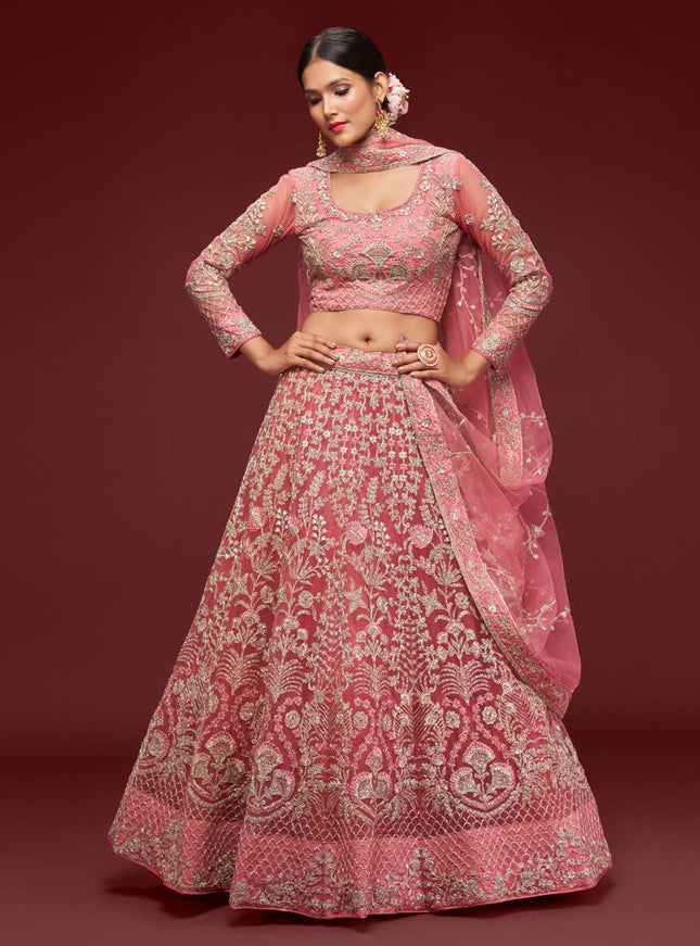Impeccable Rose Pink Net Embroidered Designer Lehenga Choli