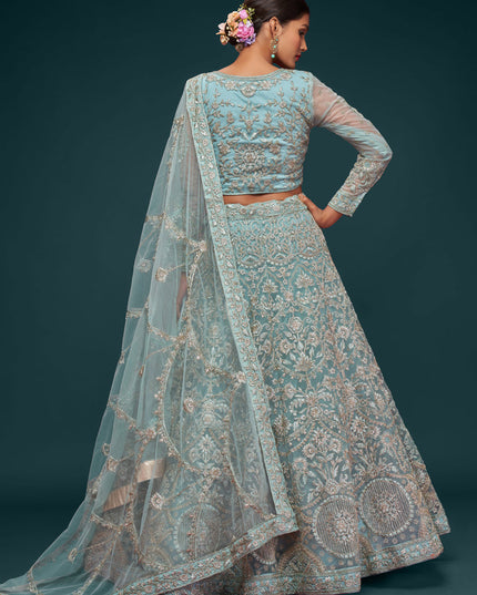 Outstanding Aqua Blue Net Embroidered Designer Lehenga Choli