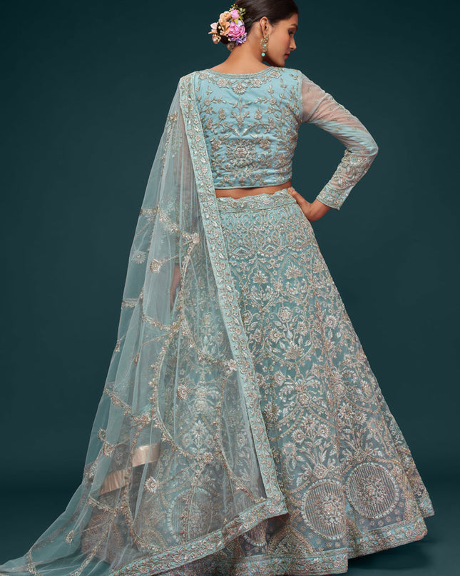 Outstanding Aqua Blue Net Embroidered Designer Lehenga Choli