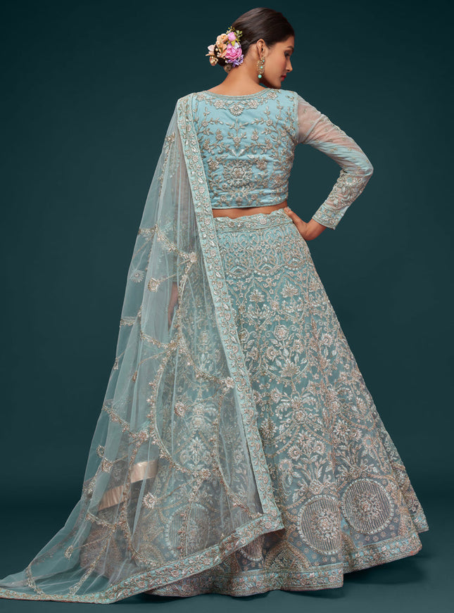 Outstanding Aqua Blue Net Embroidered Designer Lehenga Choli