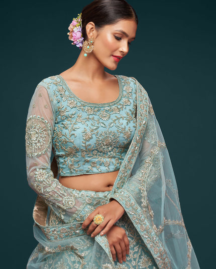 Outstanding Aqua Blue Net Embroidered Designer Lehenga Choli