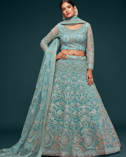 Outstanding Aqua Blue Net Embroidered Designer Lehenga Choli