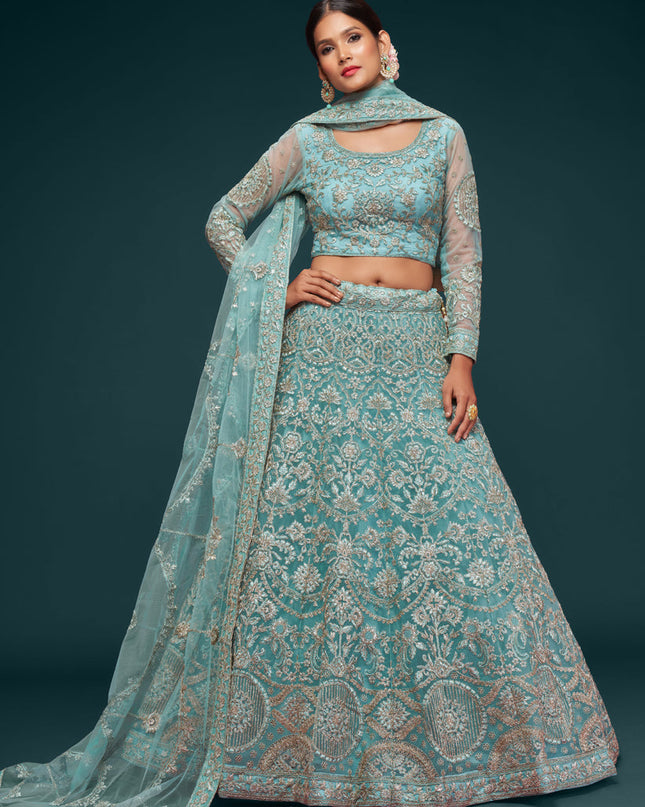 Outstanding Aqua Blue Net Embroidered Designer Lehenga Choli