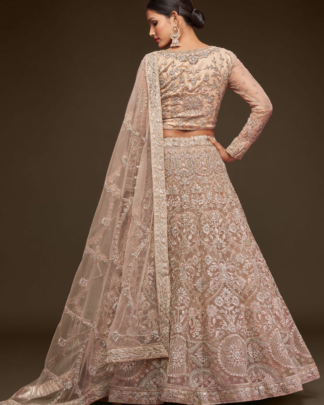 Incredible Beige Net Embroidered Designer Lehenga Choli