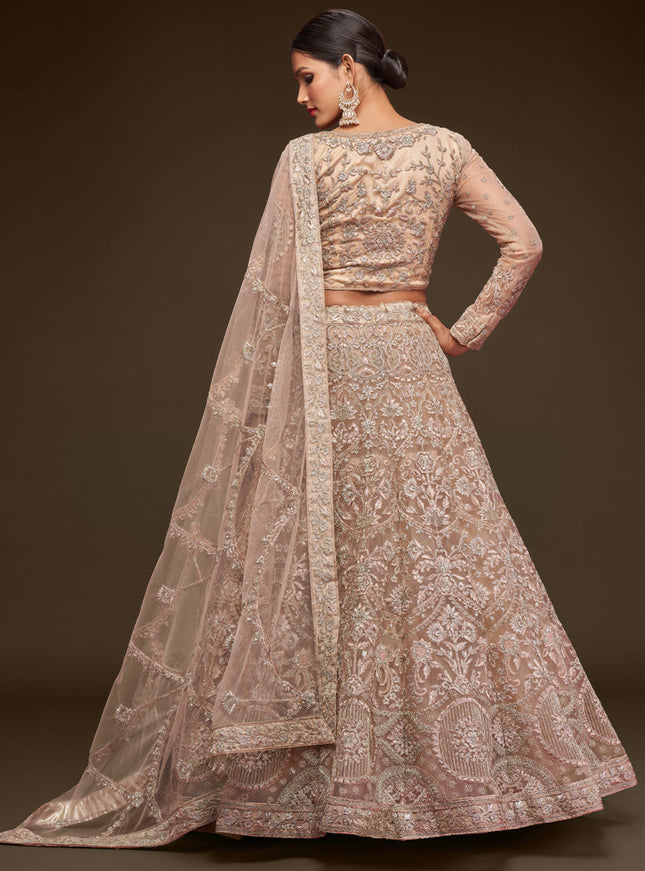 Incredible Beige Net Embroidered Designer Lehenga Choli
