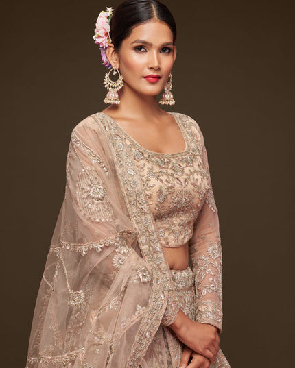 Incredible Beige Net Embroidered Designer Lehenga Choli