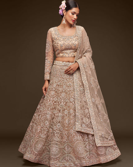 Incredible Beige Net Embroidered Designer Lehenga Choli