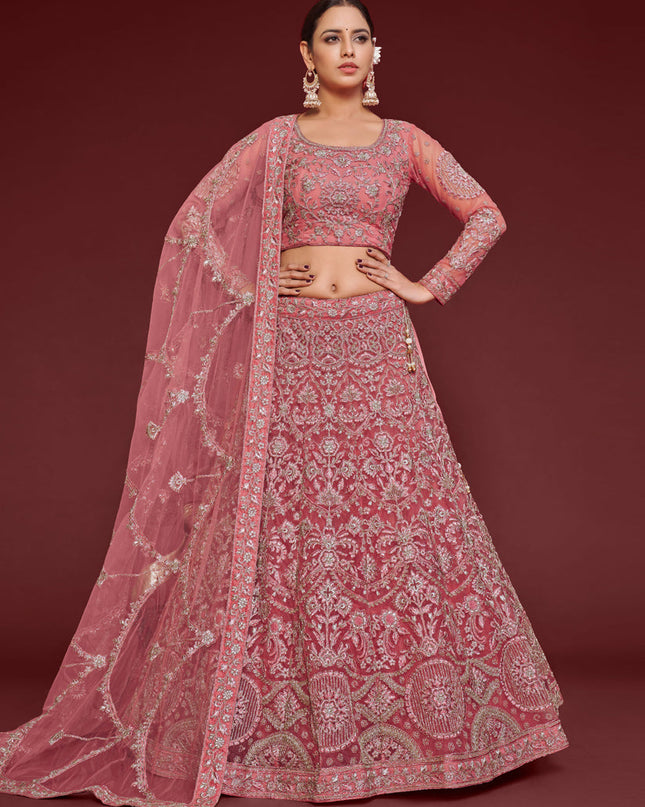 Gorgeous Rose Pink Net Embroidered Designer Lehenga Choli