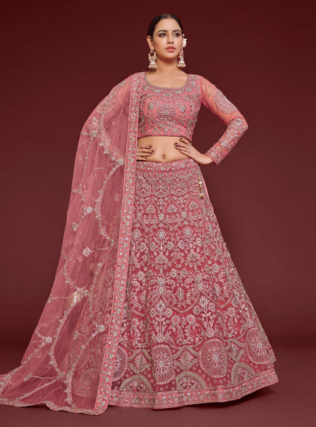 Gorgeous Rose Pink Net Embroidered Designer Lehenga Choli