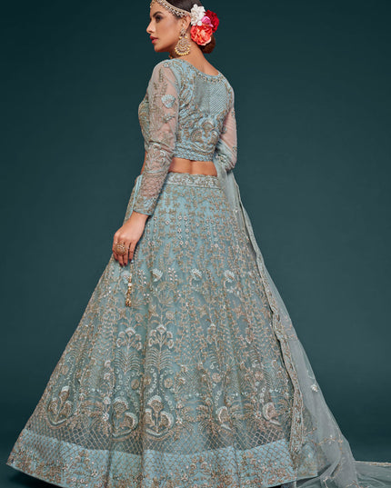 Marvelous Aqua Blue Net Embroidered Designer Lehenga Choli
