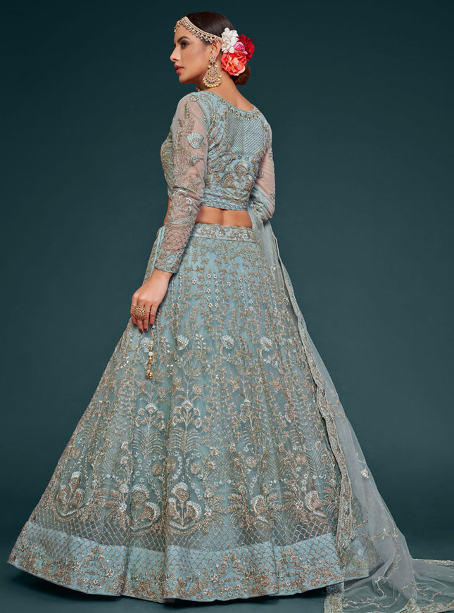 Marvelous Aqua Blue Net Embroidered Designer Lehenga Choli