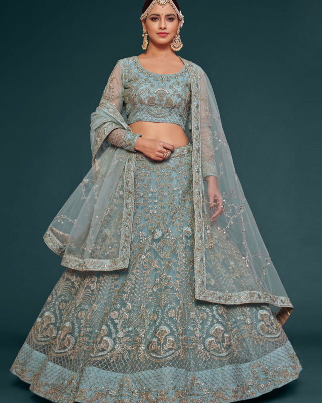 Marvelous Aqua Blue Net Embroidered Designer Lehenga Choli
