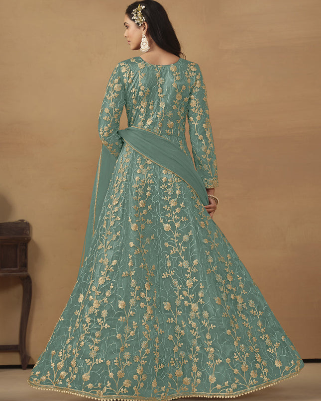 Rama Green Net Embroidered Pant Kameez