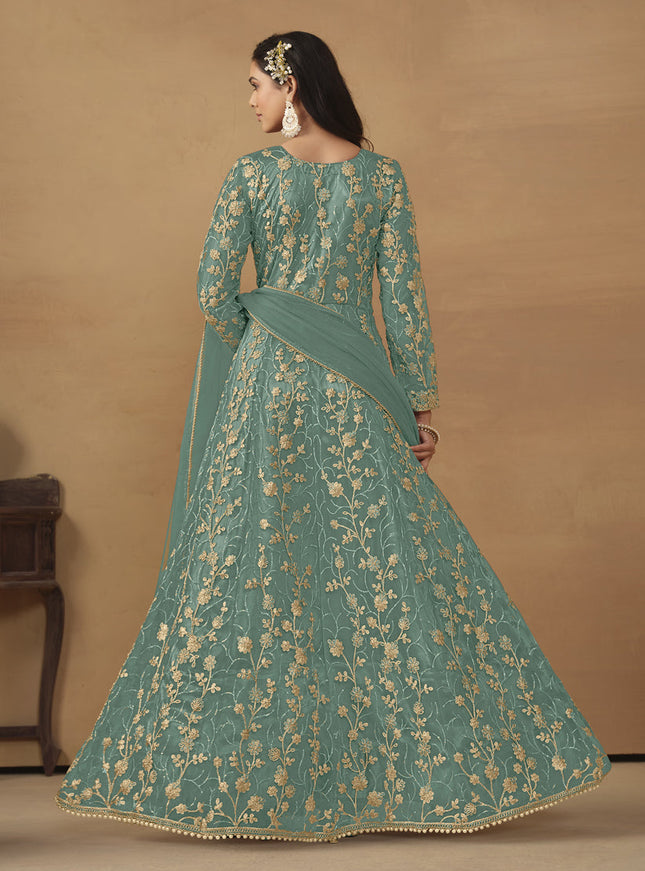 Rama Green Net Embroidered Pant Kameez