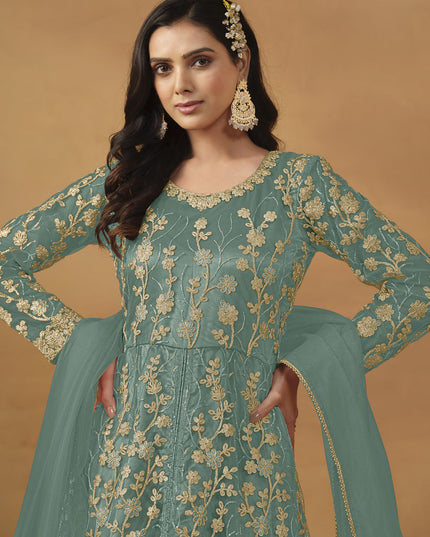 Rama Green Net Embroidered Pant Kameez