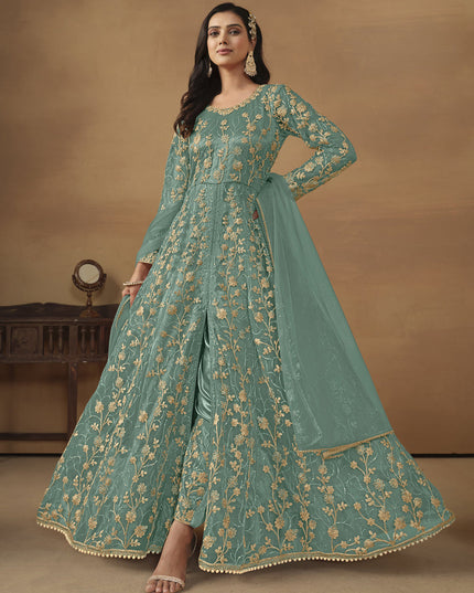 Rama Green Net Embroidered Pant Kameez