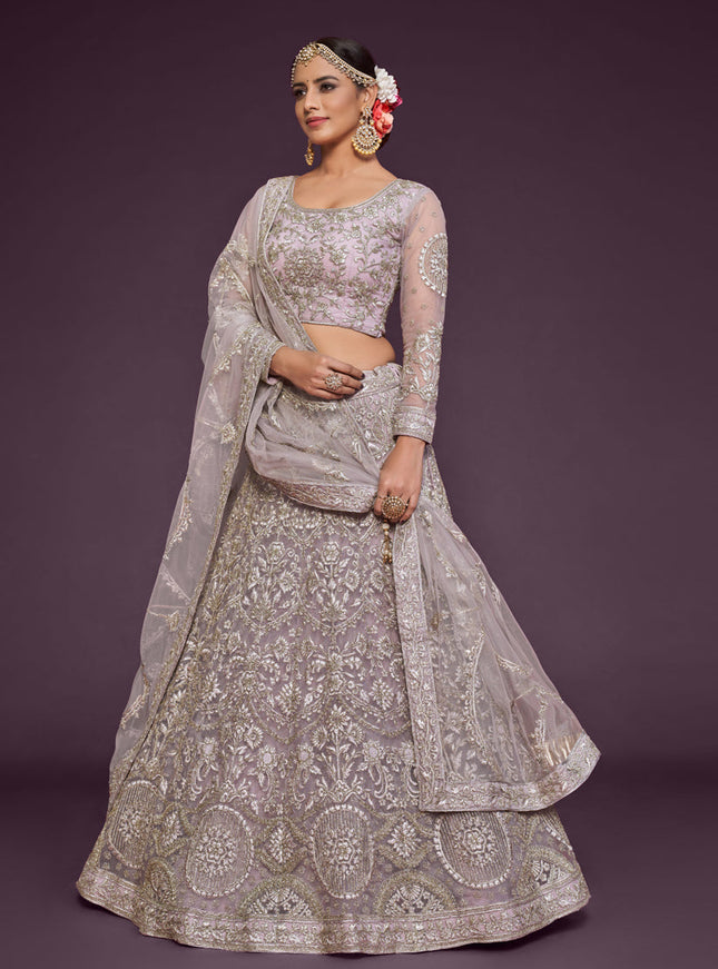 Lovely Dusty Orchid Net Embroidered Designer Lehenga Choli