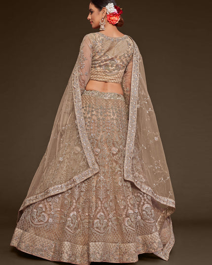Bewitching Beige Net Embroidered Designer Lehenga Choli