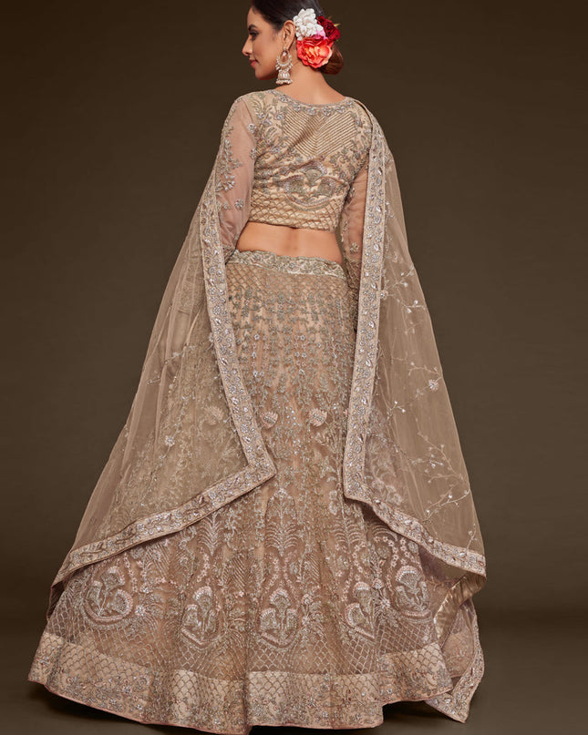 Bewitching Beige Net Embroidered Designer Lehenga Choli