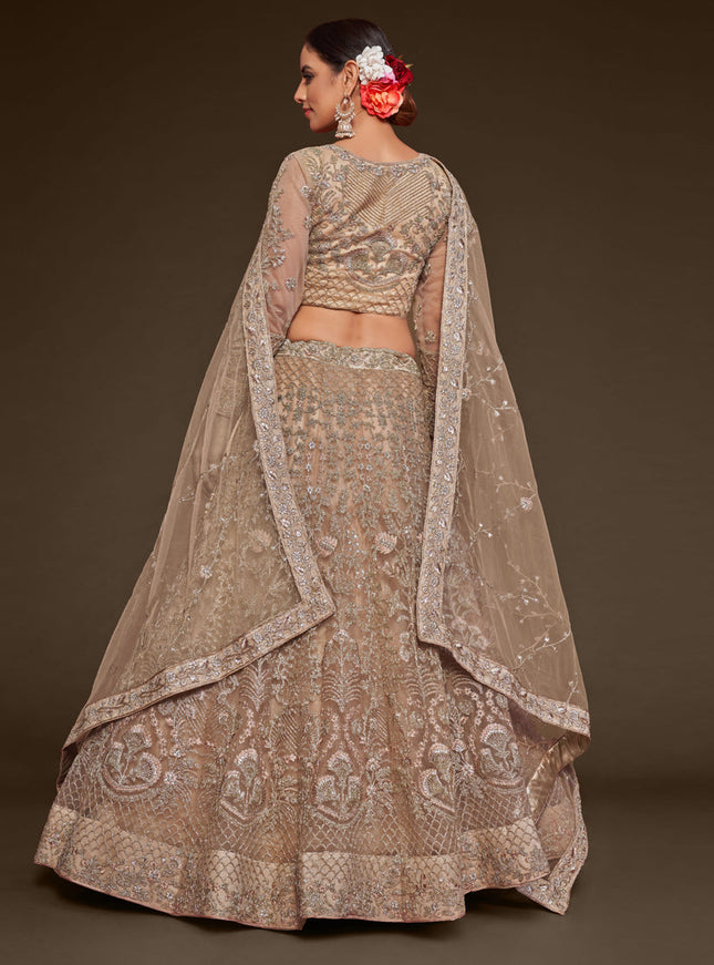 Bewitching Beige Net Embroidered Designer Lehenga Choli