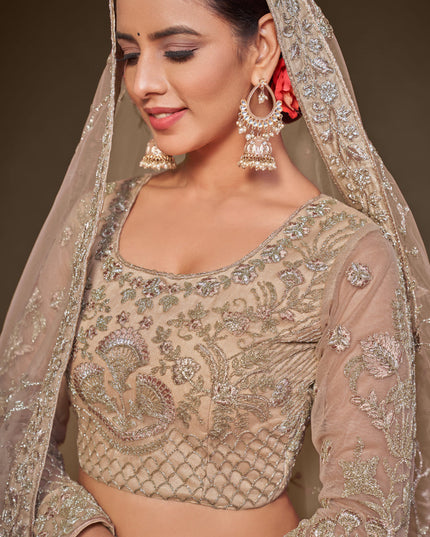 Bewitching Beige Net Embroidered Designer Lehenga Choli