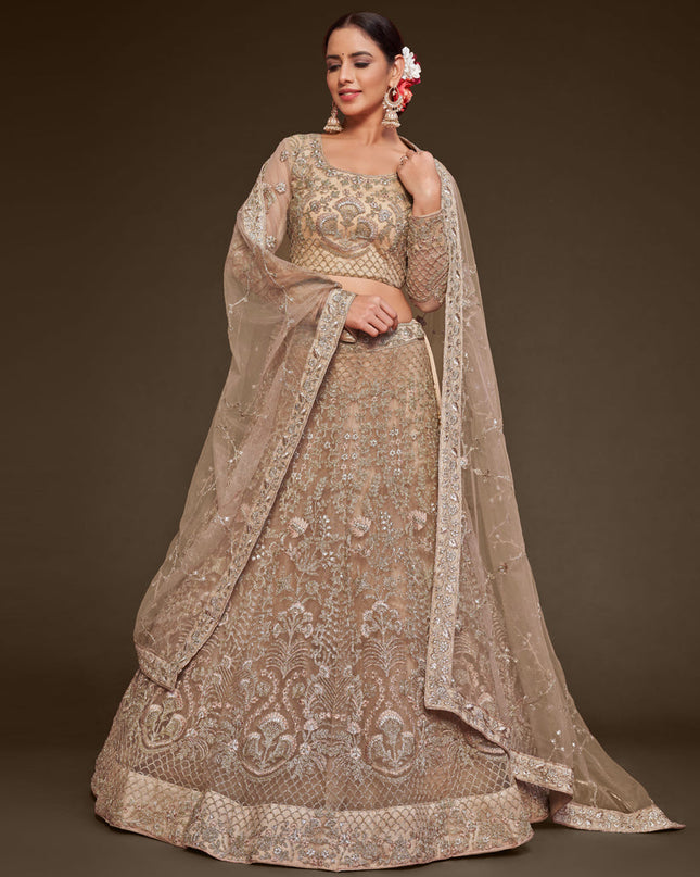 Bewitching Beige Net Embroidered Designer Lehenga Choli