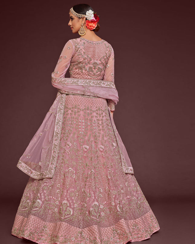 Fascinating Pearl Pink Net Embroidered Designer Lehenga Choli