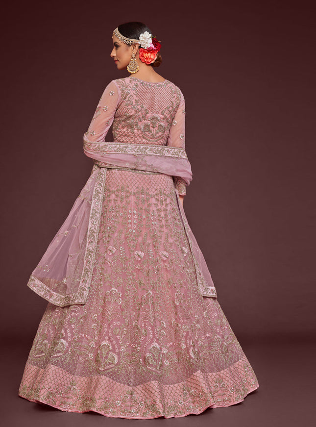 Fascinating Pearl Pink Net Embroidered Designer Lehenga Choli