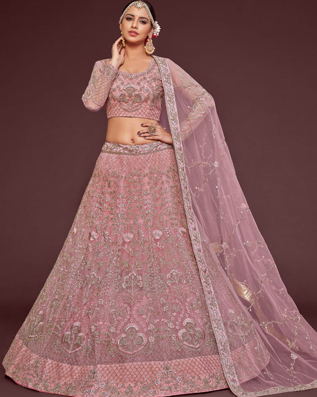 Fascinating Pearl Pink Net Embroidered Designer Lehenga Choli