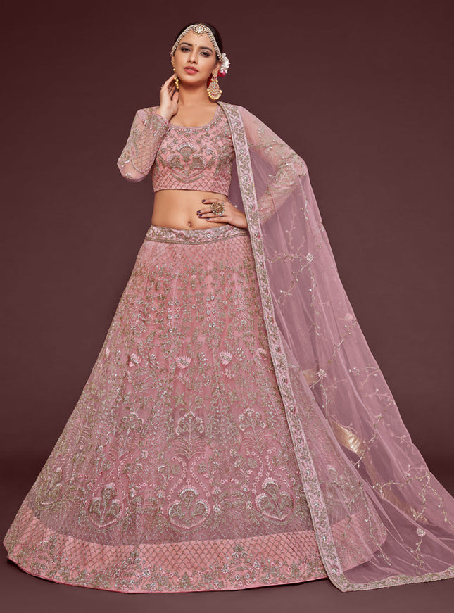 Fascinating Pearl Pink Net Embroidered Designer Lehenga Choli