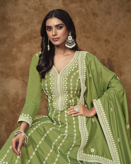 pistachio green dola silk embroidered gown with dupatta