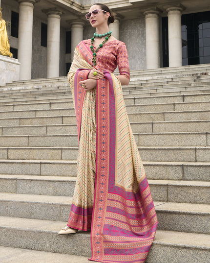 Cream Banarasi Silk Woven Saree