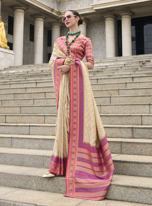 Cream Banarasi Silk Woven Saree