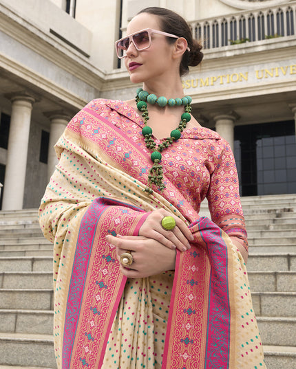 Cream Banarasi Silk Woven Saree