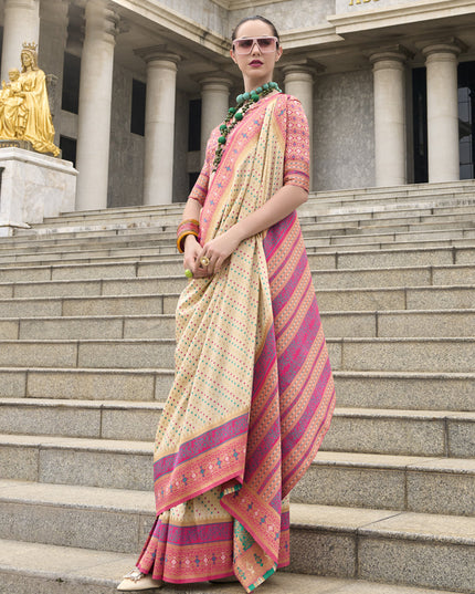 Cream Banarasi Silk Woven Saree