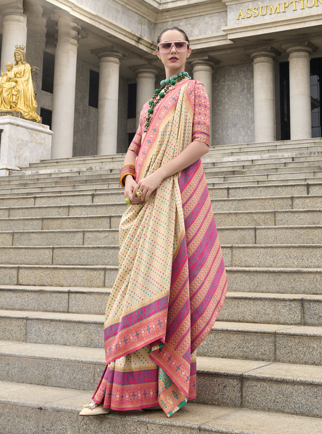 Cream Banarasi Silk Woven Saree