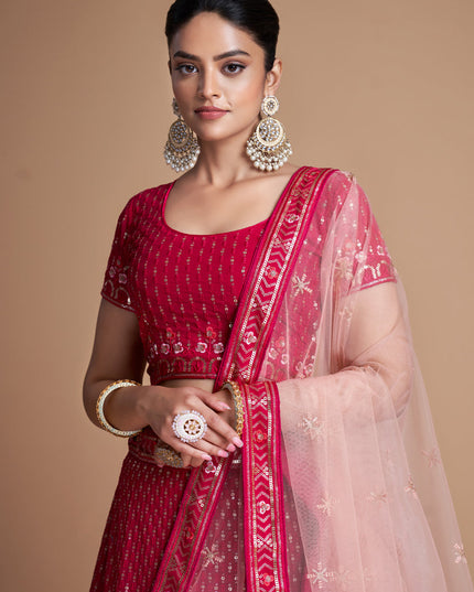 Strawberry Georgette Embroidered Lehenga Choli