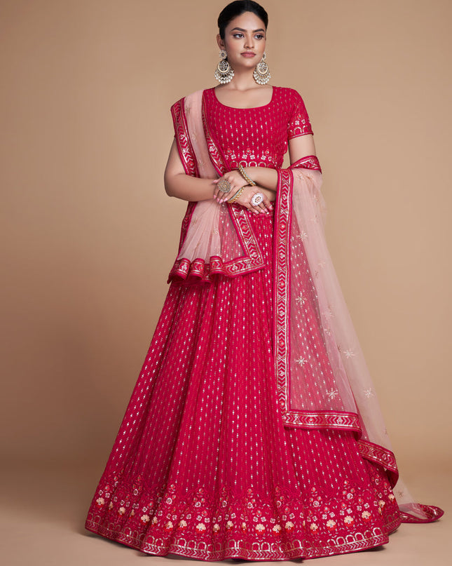 Strawberry Georgette Embroidered Lehenga Choli