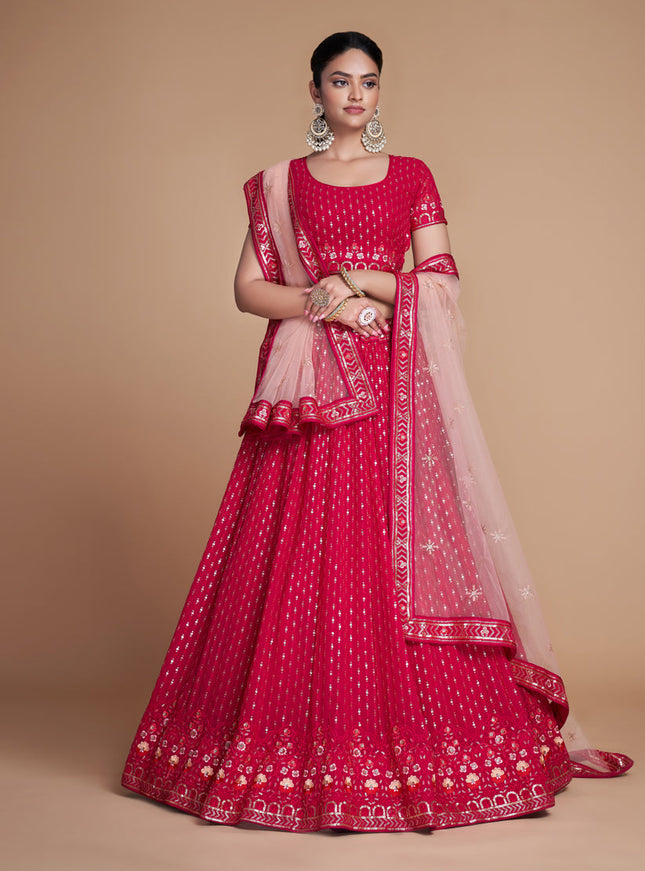 Strawberry Georgette Embroidered Lehenga Choli