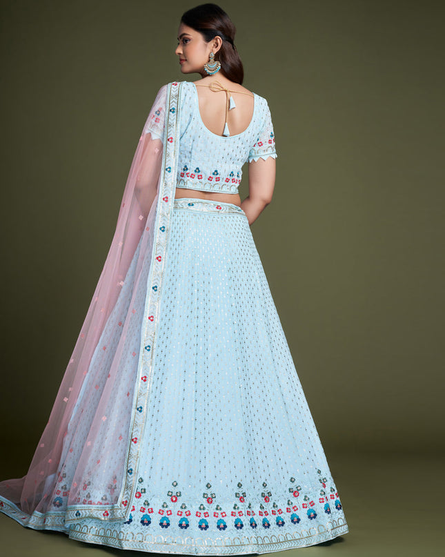 Powder Blue Georgette Embroidered Lehenga Choli