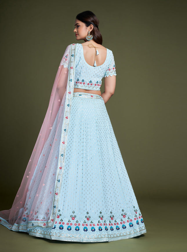 Powder Blue Georgette Embroidered Lehenga Choli