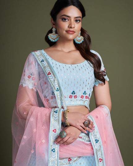 Powder Blue Georgette Embroidered Lehenga Choli