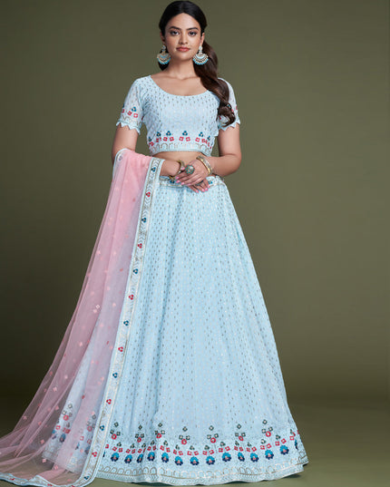 Powder Blue Georgette Embroidered Lehenga Choli